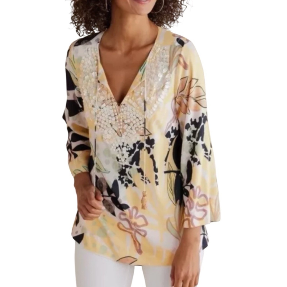 Soft Surroundings Women Shirt Vigne Tropical Abstract Shell Embellished Resort